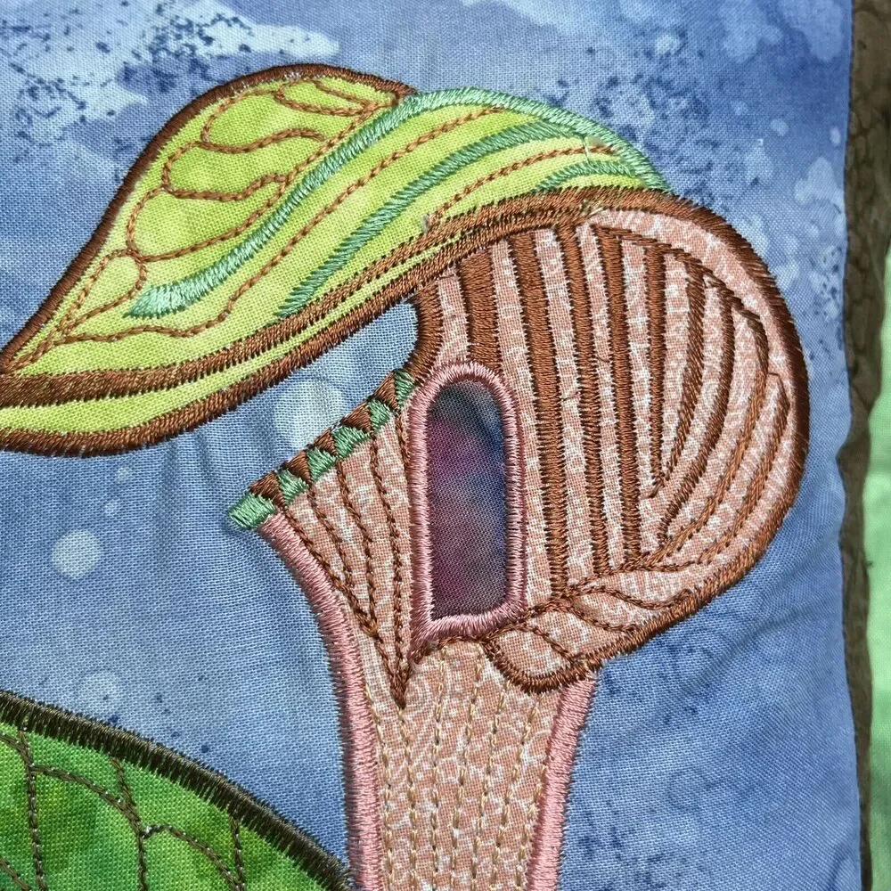 Vtg Quilted Batik Floral Throw Pillow 20” Appliqué Lily Cottagecore Botanical